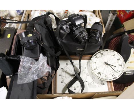 A VINTAGE PENTAX SFX CAMERA PLUS A BAG OF ACCESSORIES TOGETHER WITH TWO IAN BOTHAM CLOCKS