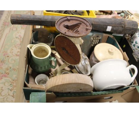 TWO BOXES OF COLLECTABLES AND CERAMICS TO INCLUDE AN UNUSUAL TERRACOTTA FIGURE, VINTAGE SCALES ETC. 