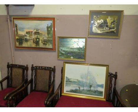 FOUR MODERN PRINTS INCLUDING A NORTHERN TRAM EXAMPLE TO INCLUDE A BOX OF ASSORTED LIGHT FITTINGS