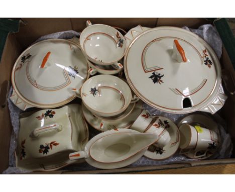 A TRAY OF ART DECO CROWN DUCAL CHINA TO INCLUDE TUREENS, CUPS AND SAUCERS ETC. 