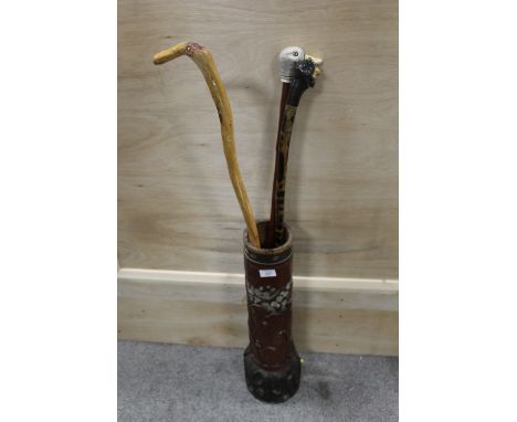 A BAMBOO AND MOTHER OF PEARL STICK STAND AND CONTENTS - H 62.5