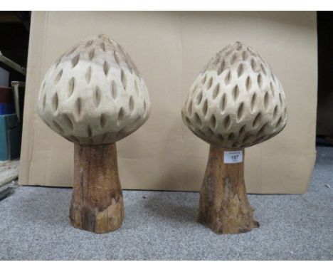 TWO DECORATIVE GARDEN MUSHROOM ORNAMENTS