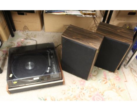 A BSR DN 45 500 HI FI RECORD PLAYER TOGETHER WITH TWO VINTAGE SPEAKERS