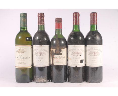 Five bottles of vintage wine to include CHATEAU BEL AIR 1988 Bordeaux 12% 75cl, CALVET RESERVE 1988 Bordeaux 12% 75cl and thr