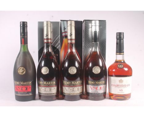 Five bottles of brandy to include four bottles of REMY MARTIN VSOP fine Champagne Cognac 40% abv. 70cl, one being a Vincent L