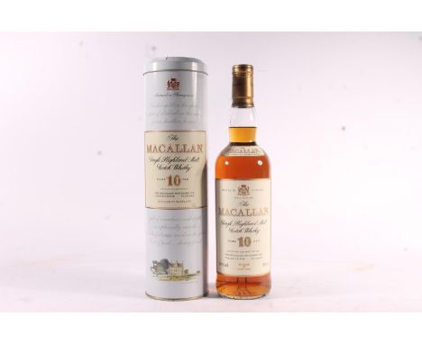 MACALLAN 10 year old single Highland malt Scotch whisky, old style striped cream and gilt label, 40% abv, 70cl, with tin.