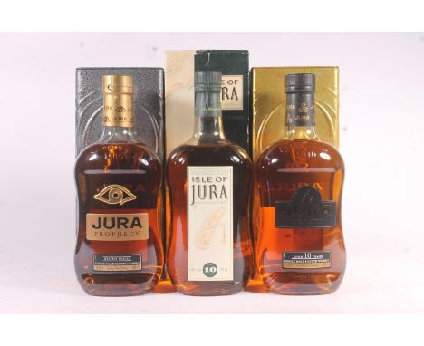 Three bottles of JURA single malt Scotch whisky to include two bottles of 10 year old 40% abv 70cl in different styles and a 