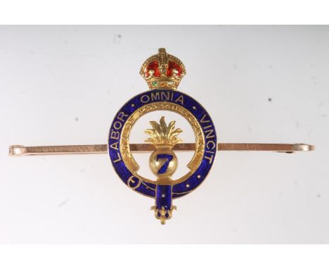 15ct gold and enamel City of London Battalion sweetheart bar brooch with ‘Labour, Omnia, Vincit’ motto, 4.4g, 5cm long, held 