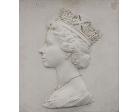 ARNOLD MACHIN OBE RA FRSS (English 1911-1999)  A relief plaster plaque of Arnold Machin’s profile portrait of Queen Elizabeth