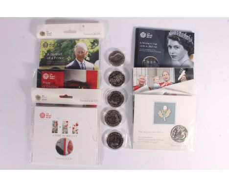 UNITED KINGDOM Queen Elizabeth II (1952-2022) brilliant uncirculated BU five pound £5 coins from 2018 to include Remembrance,