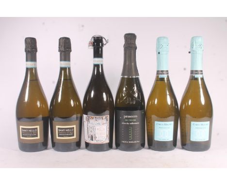 Six bottles of Prosecco to include CASA DI MALIA 11% abv. DOC TREVISO 2018 Vigna Dogarina 11% abv. two bottles of SANTI NELLO