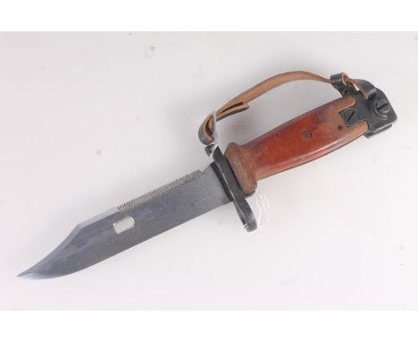 Romanian/Bulgarian Russian made AKM model knife bayonet having serrated back blade, scabbard with wire cutter, blade length 1