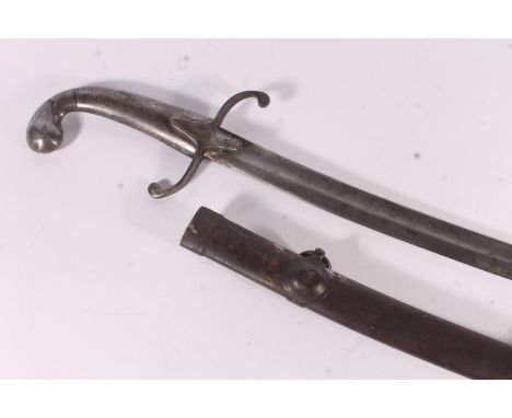Late 18th century or early 19th century Turkish pattern sword having unmarked curved fullered blade, pistol shaped handle, sc