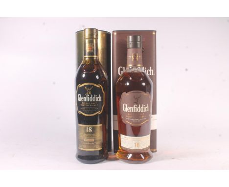 Two bottles of GLENFIDDICH 18 year old single malt Scotch whisky 40% abv. 70cl in different box designs, batch numbers 3104 a