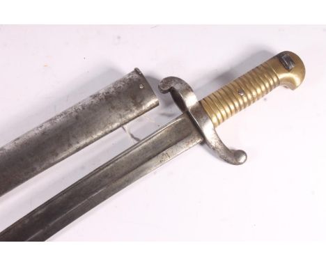 French model 1842 sword bayonet having Yataghan recurved T form blade, the spine marked for Chatellerault February 1863, bras