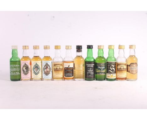 Twelve single malt Scotch whisky miniatures to include three BOWMORE 10 year old miniatures commemorating Open Championship g