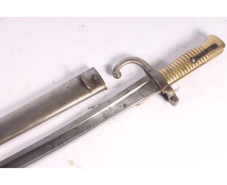 French model 1866 Chassepot sword bayonet having Yataghan recurved T form blade, the spine marked for Chatellerault April 187