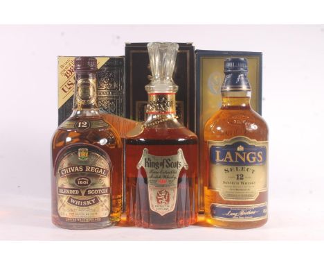Three bottles of blended Scotch whisky to include KING OF SCOTS 43% abv. 75cl, LANGS Select 12 year old 40% abv. 70cl and CHI