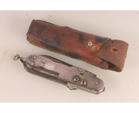 Boer War era silver fronted multi tool clasp knife personalised for H Gilmour of the 16th Lancers, silver hallmarked for Andr