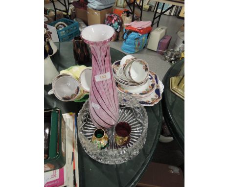 An early 20th century part tea set, decorative glassware and two Carlton & Melbaware leaf dishes