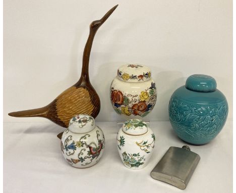 4 decorative ceramic ginger jars, to include Beswick and Sadler. Together with a carved wooden bird figure and a modern stain