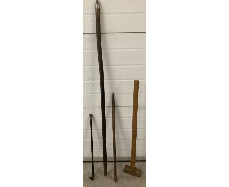 4 vintage tools, comprising: sledgehammer, crow bar and 2 breaker bars.  
