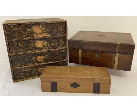 A vintage small wooden 4 drawer chest of drawers with small drop down metal handles. Together with a brass banded vintage wri