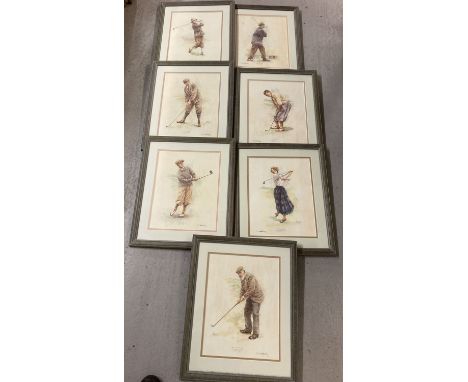 A collection of 7 framed and glazed prints of golfers through the ages with TR 1700 gallery stamp. Pencilled information to e