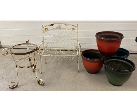 A white painted metal pot holder in the shape of a garden bench. Together with a vintage, white painted metal, circular pot h