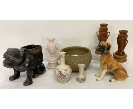 A box containing a quantity of assorted vintage ceramics, glass and wooden items. To include: 2 Ibis Aveiro Portuguese cerami
