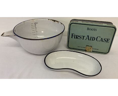 3 items of enamel ware. A mixing bowl with pouring spout and a kidney shaped shallow dish. Together with a vintage Boots firs