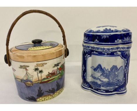 2 Oriental ceramic items. A mid century Japanese lustre biscuit barrel with wicker handle. Together with a modern Chinese blu