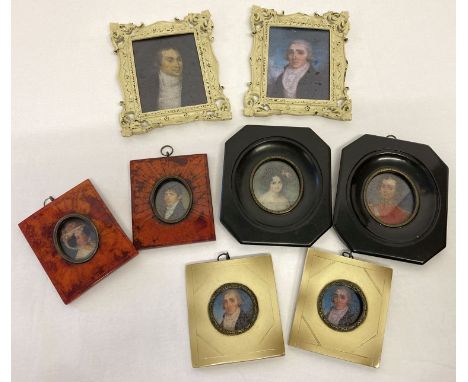A collection of 8 framed and glazed miniature portrait prints. In varying sizes with different frame styles. Largest frame si