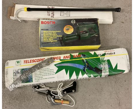 3 boxed garden tools. An adjustable telescopic lopper &amp; saw, a Bosch PFZ 550 All-purpose saw. And a Kleeneze gutter blast