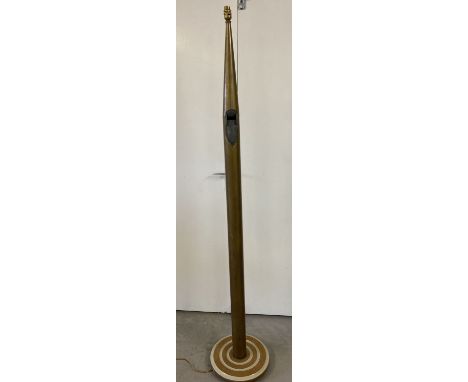 A standard lamp made from a metal pipe of a music organ, on a circular wooden base.  Approx. 177cm tall (including light fitt