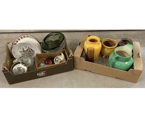 2 boxes of mixed vintage and modern glass ware and ceramics. To include: a small cranberry glass salt, perfume bottle,  paper