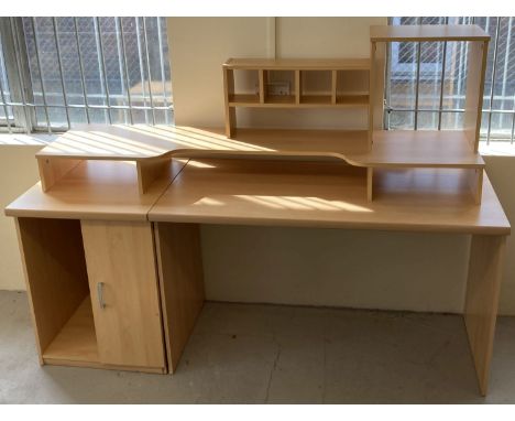A modern light beech effect office 3 part office desk. Desk, with sperate single door cupboard and lift off shelving unit wit