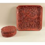 Asiatika China, Schnitzlack Tablett und Dose Rotlack, 2 Teile