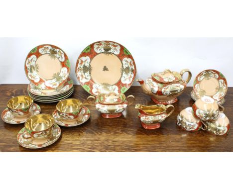 'Genuine Samurai China' Japanese hand painted tea set, comprising teapot, cream jug, sucrier, six tea cups with saucers, side