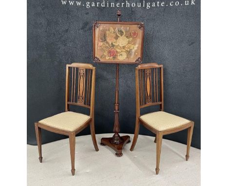 Victorian mahogany frame tapestry pole fire screen, 57.5" high; together with a pair of Edwardian boxwood inlaid bedroom chai