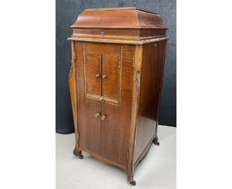 20th century cabinet gramophone, within a satin case on castors, 23" wide, 24" deep, 49" high (hinged cover requires re fixin