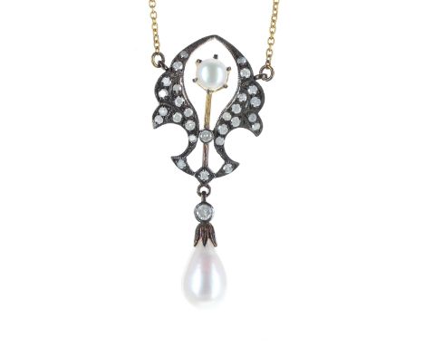 Attractive diamond and cultured pearl pendant on a slender 9ct yellow gold chain, 4.2gm, the pendant 42mm 
