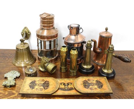 Selection of decorative metal items, to include two copper marine&nbsp; lanterns, pair of brass lighthouse models, small Just
