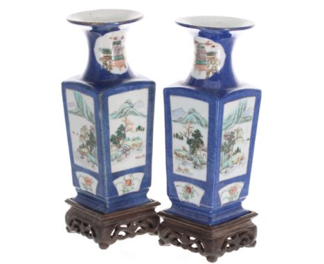 Pair of Chinese porcelain square tapering vases with circular flared rims,&nbsp;decorated with river scape and mountain panel