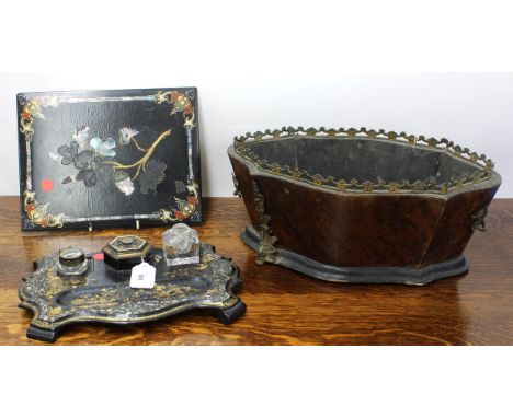 19th century French walnut serpentine planter, with brass mounts and gallery rail rim, with liner, 16" wide, 11" deep, 6.5" h