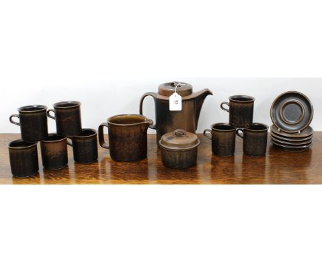 Arabia Wartsila Finland stoneware pottery coffee set, pattern 6-72, with coffee pot, cream jug, sucrier, eight cups and sauce