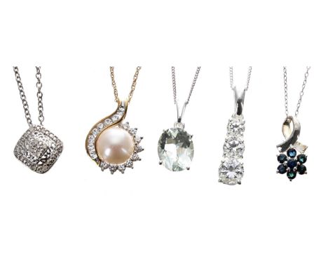 Five modern silver necklaces with stone set pendants, to include zircon, sapphire, pearl, topaz and diamond 