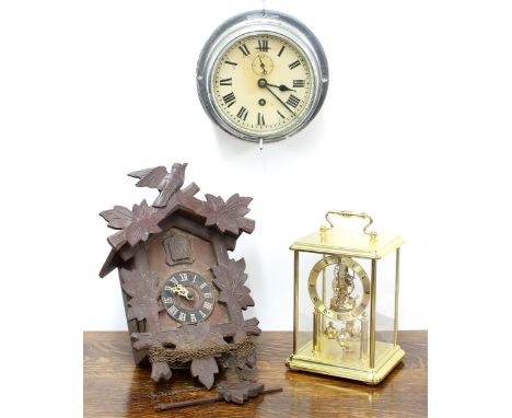 H Samuel torsion mantel clock, 8" high; together with a 6" dial bulkhead type wall clock and a Black Forest type cuckoo clock