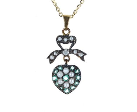 Pretty emerald, diamond and seed pearl heart shaped pendant, on a silver-gilt chain, the pendant 26mm, 3.4gm 