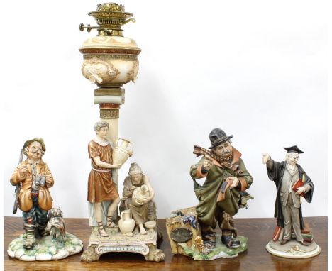 Attractive Continental&nbsp;porcelain figural oil lamp in the manner of Royal&nbsp;Dux,&nbsp;modelled with classically dresse